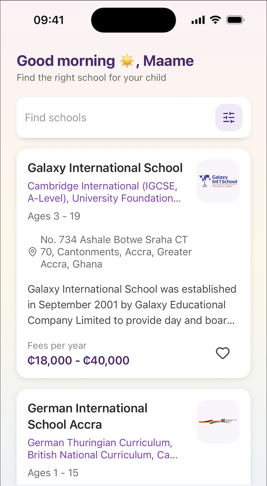ChildBlossoms screen for searching schools