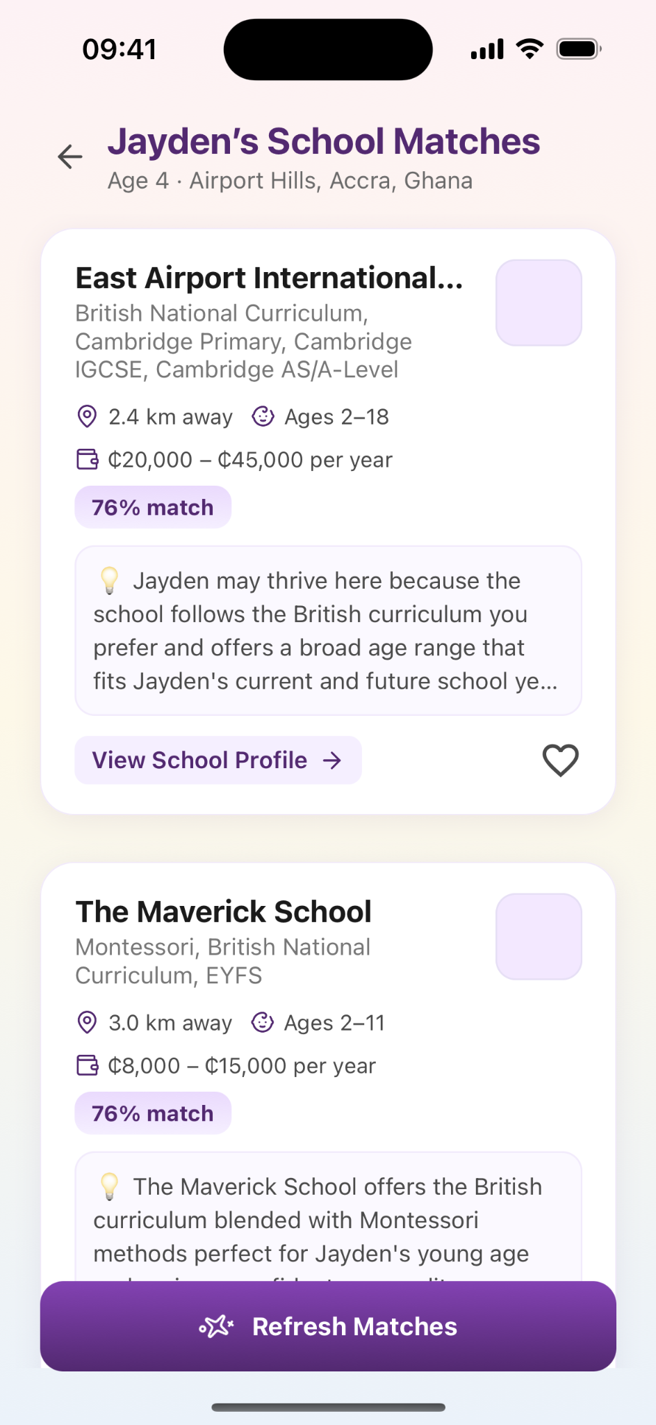 ChildBlossoms AI match screen showing school suggestions