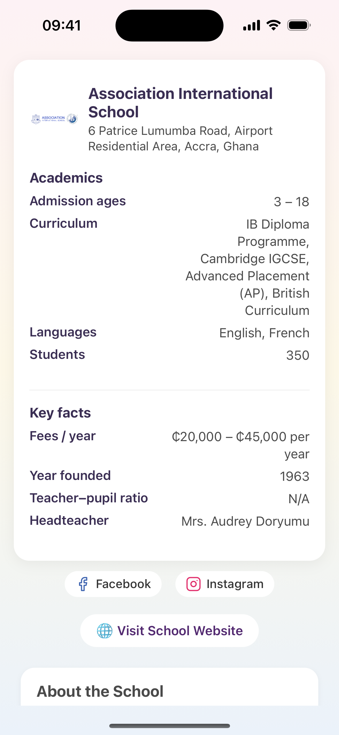 ChildBlossoms school profile showing structured details